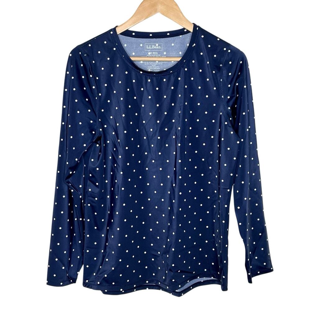 LL Bean Polka Dot Rash Guard Womens Size M Nautical Preppy Beach Navy